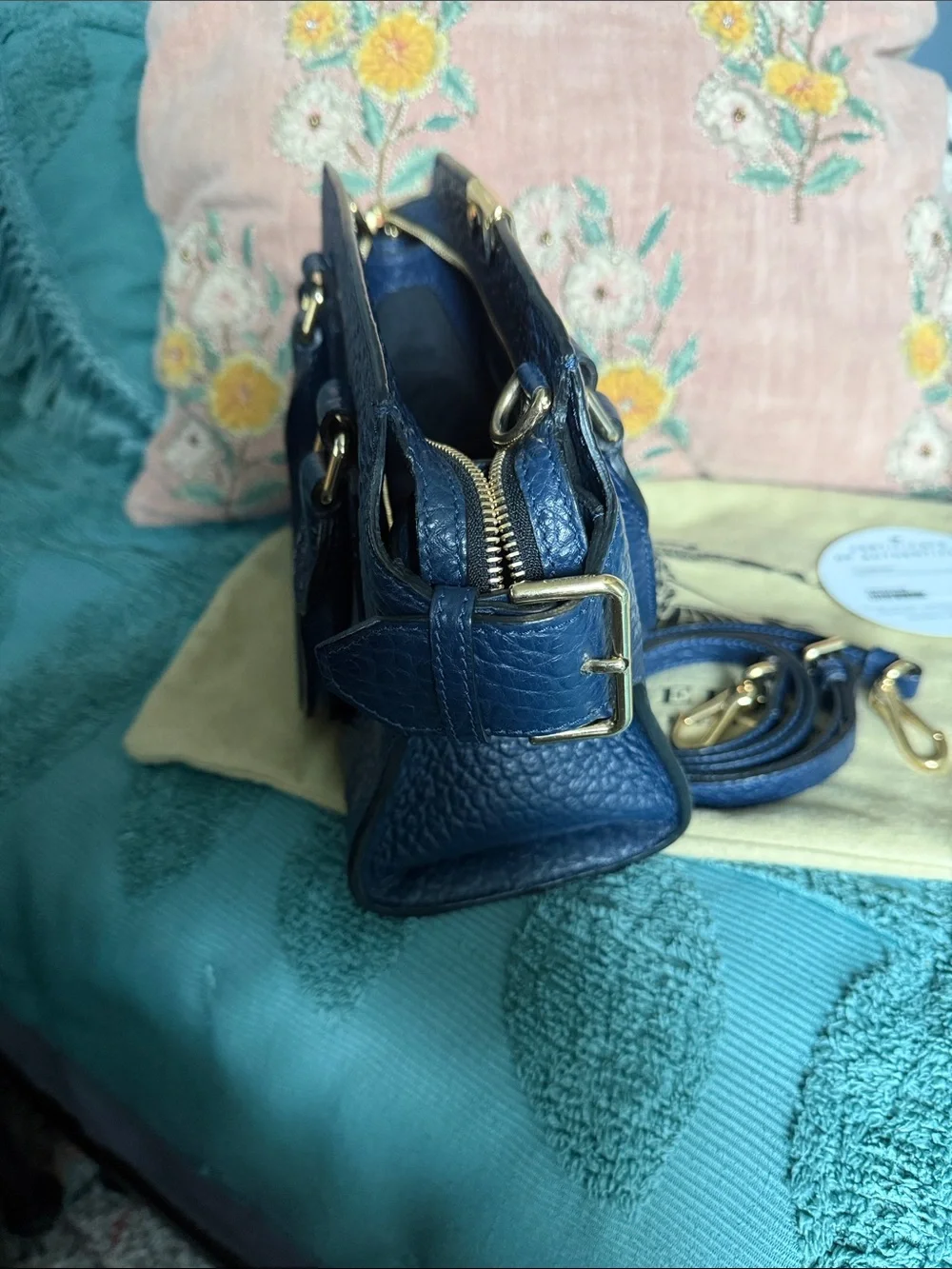 Burberry Navy Textured Leather Mini Satchel with Gold Hardware